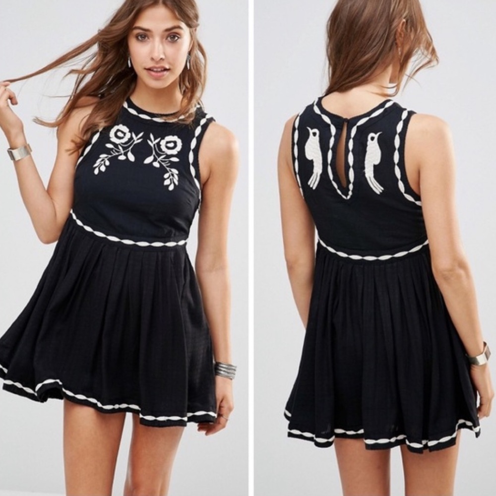 Free People black embroidered mini dress